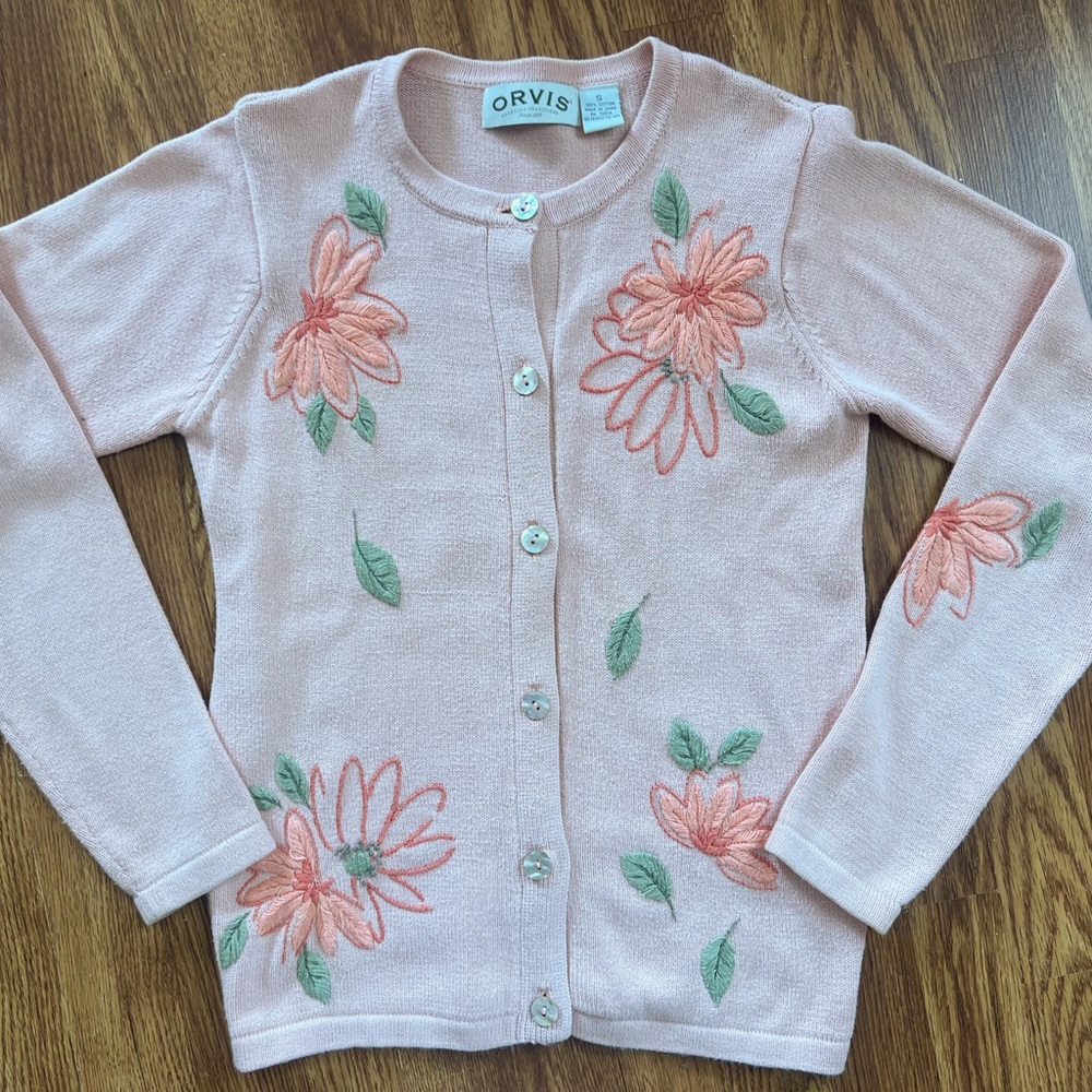 Orvis Light Pink Cardigan with Floral Embroidery